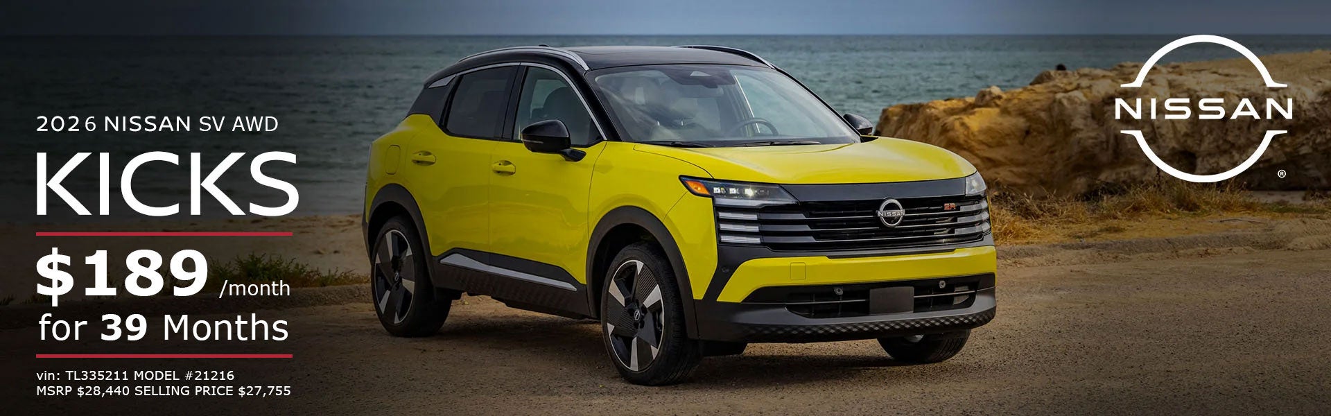 2026 KICKS SV AWD LEASE FOR $189 PER MONTH FOR 39 MONTHS *