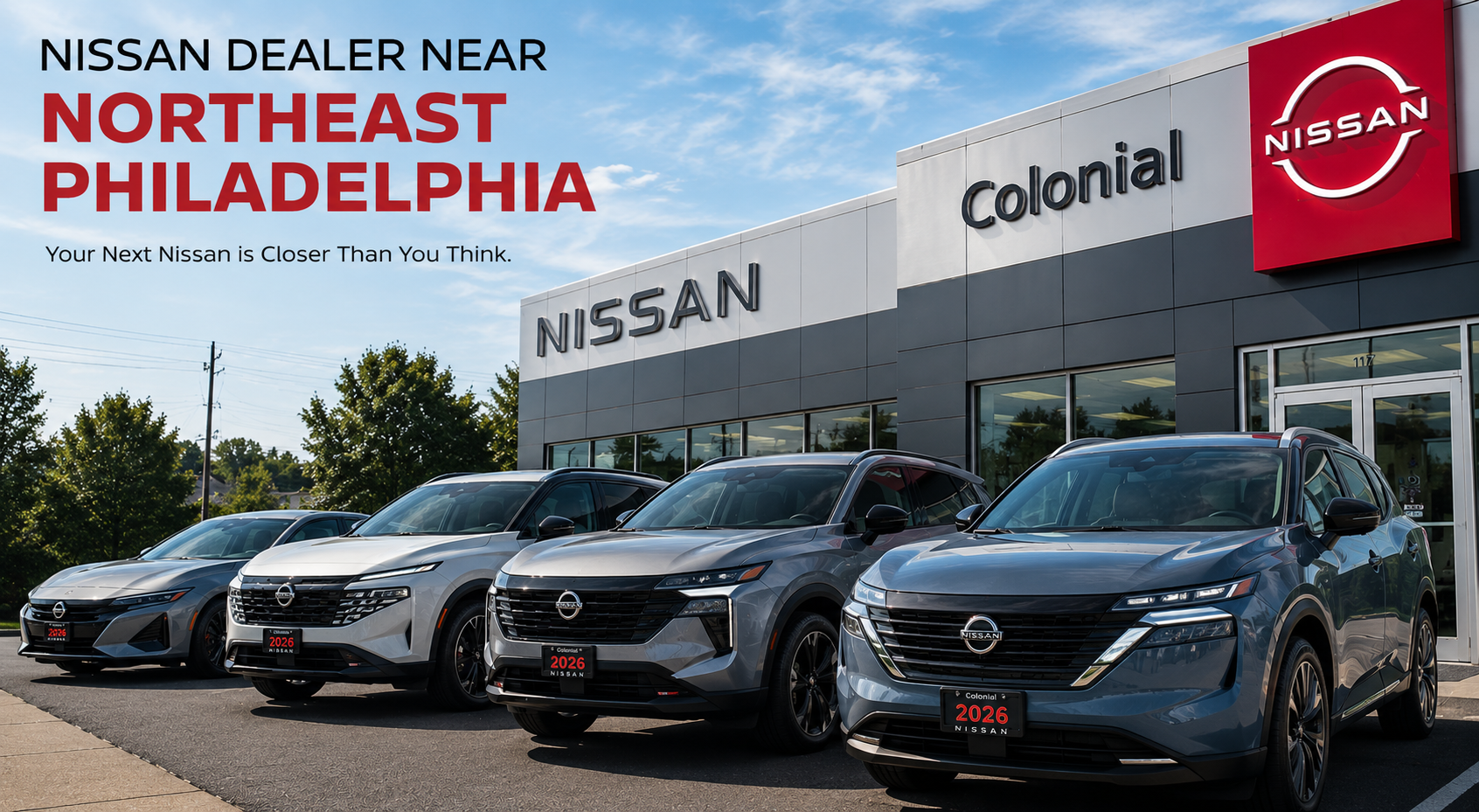 Colonial Nissan dealership with new Nissan vehicles near Northeast Philadelphia Pennsylvania
